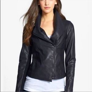 Vince Black Cross-Front Leather Jacket, size S